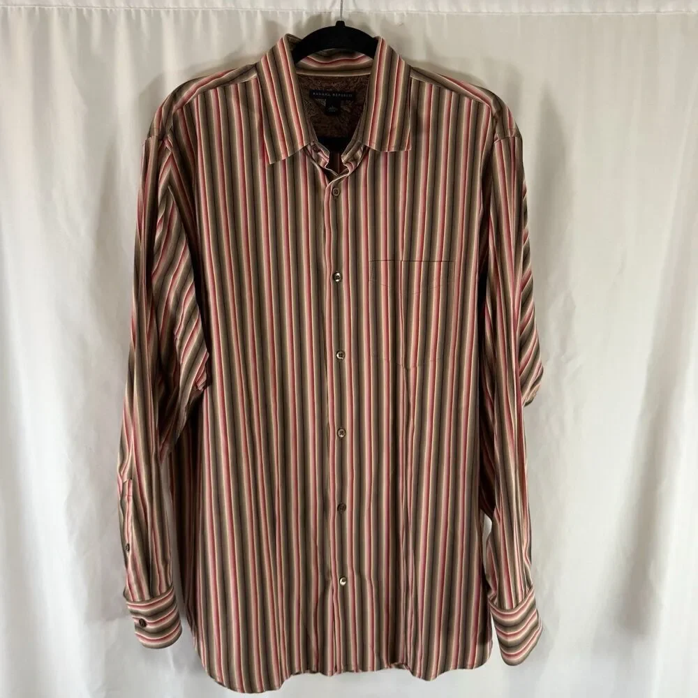 Banana Republic Dress Shirt Men's Large Brown Striped Button Up Long Sleeve